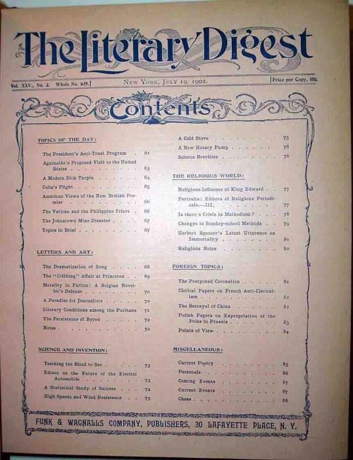 Item #12953 As printed in The Literary Digest. July - December, 1902. Jules VERNE, Mark TWAIN