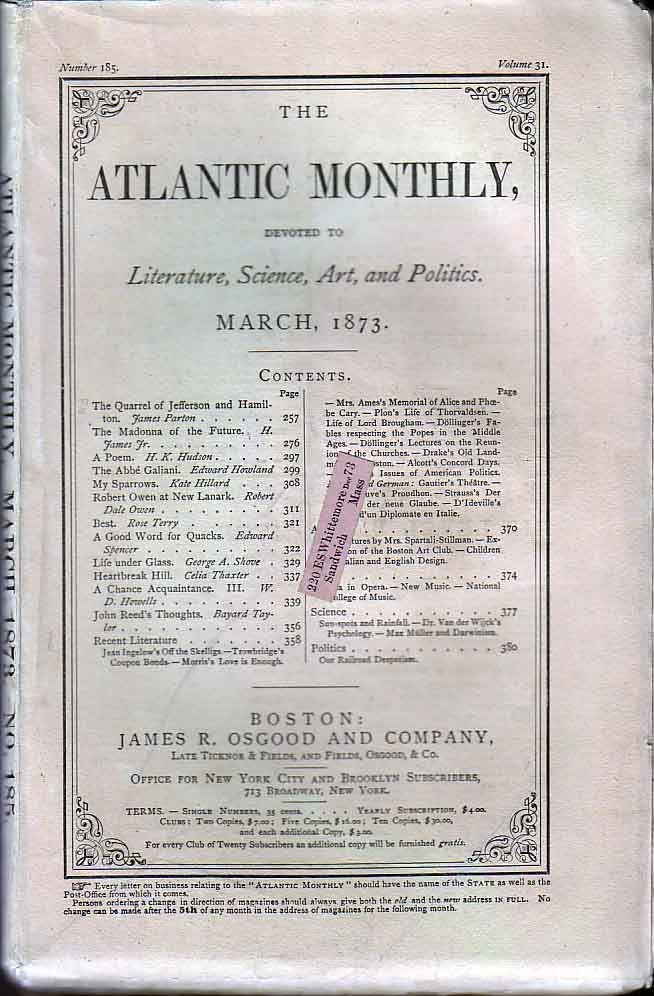 Item #18423 Heartbreak Hill as printed in The Atlantic Monthly March 1873 Issue. Celia THAXTER