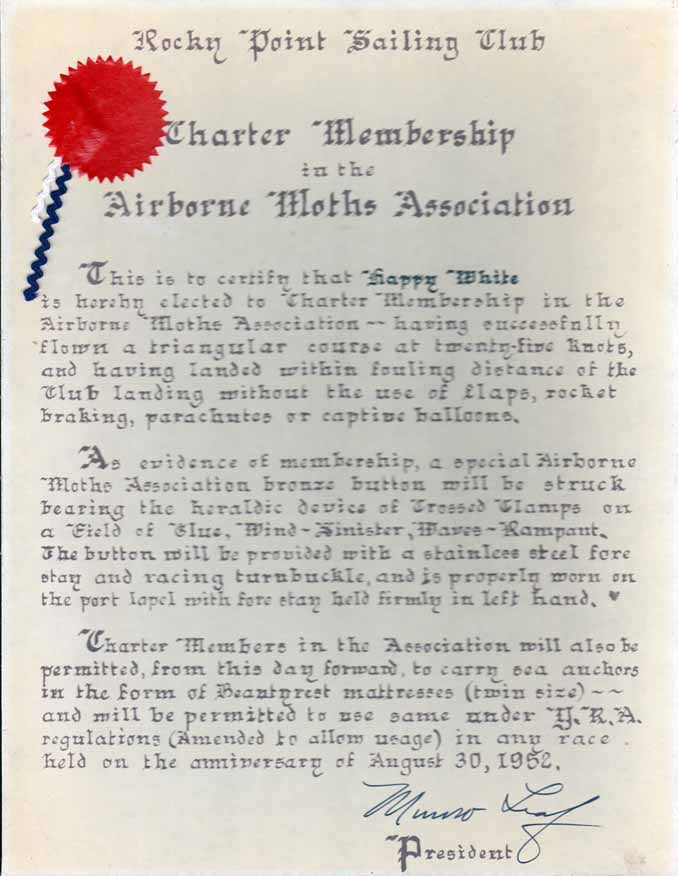 Item #20772 Rocky Point Sailing Club - Airborne Moths Association Certificate [Signed]. Munro LEAF