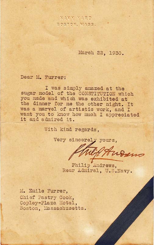 Item #21808 Typed Letter Signed to Emile Furrer, Chief Pastry Cook at the Copley-Plaza...