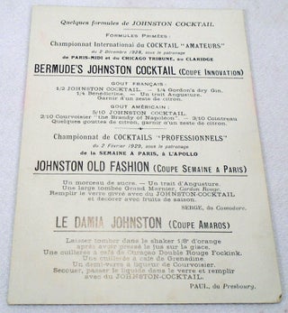 Johnston Cocktail (advertising card with cocktail recipes)