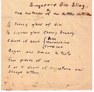 Manuscript Cocktail Recipe for Singapore Gin Sling on Raffles Hotel letterhead stationary