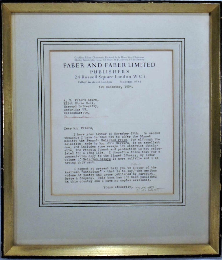 Item #35532 Typed Letter Signed From T. S. Eliot to A. K. Peters, Esquire. T. S. ELIOT.
