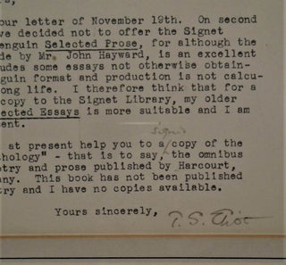 Typed Letter Signed From T. S. Eliot to A. K. Peters, Esquire