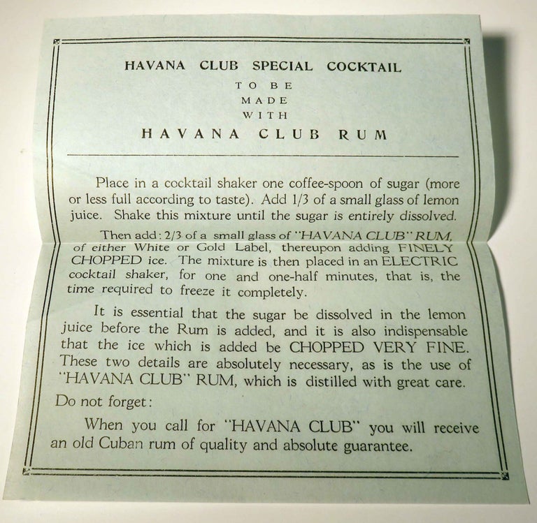 Item #37688 Havana Club Special Cocktail [BROADSIDE] with: Havana Club Rum [POSTCARDS / ENVELOPE]. S. A. JOSE ARCHABALA.