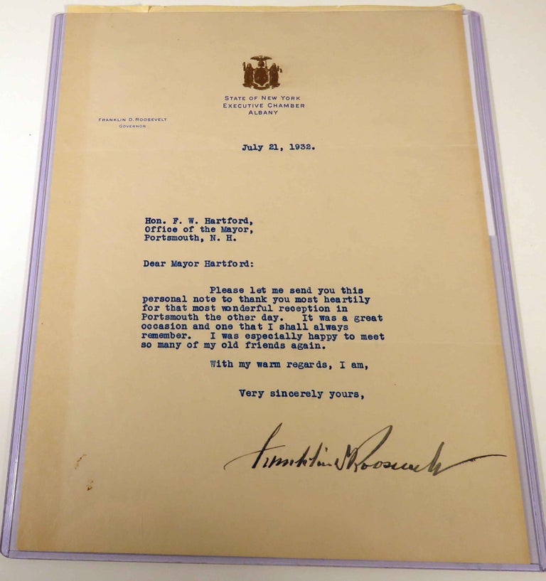 Item #40595 Typed letter signed on State of New York, Executive Chamber letterhead. Dated July...