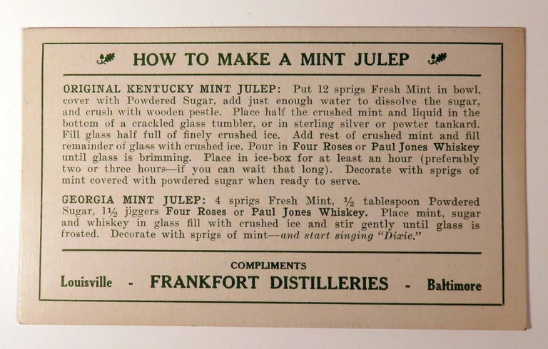 Item #40958 How to Make a Mint Julep [Cocktails]. FRANKFORT DISTILLERIES.