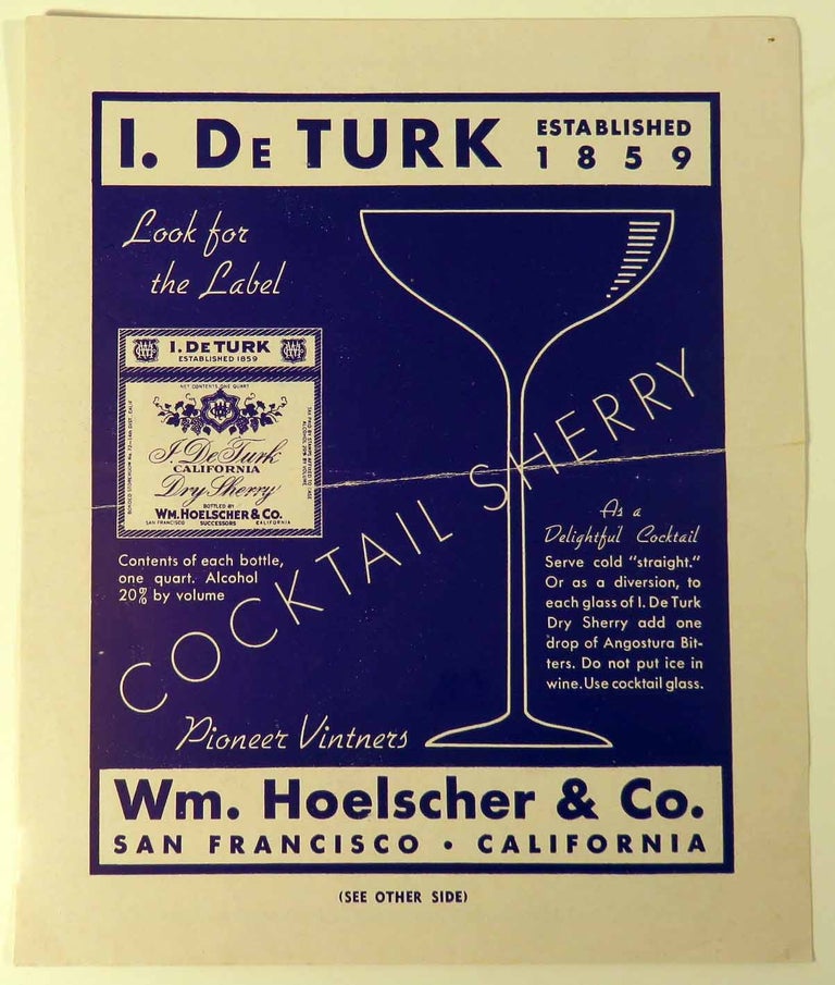 Item #41368 I. De Turk, Cocktail Sherry. WM. HOELSCHER, CO.